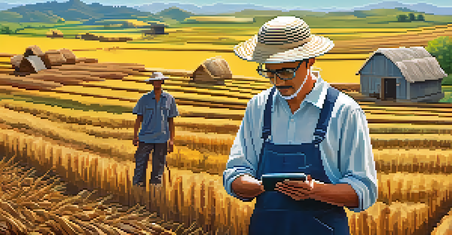 A farmer in a green field using a digital device to access financial services, surrounded by nature and a clear sky.