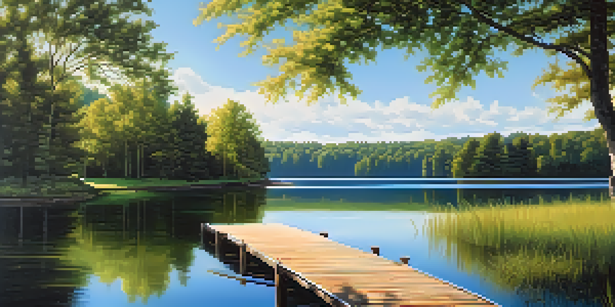 A peaceful lake surrounded by green trees and a wooden dock, with sunlight filtering through the leaves.