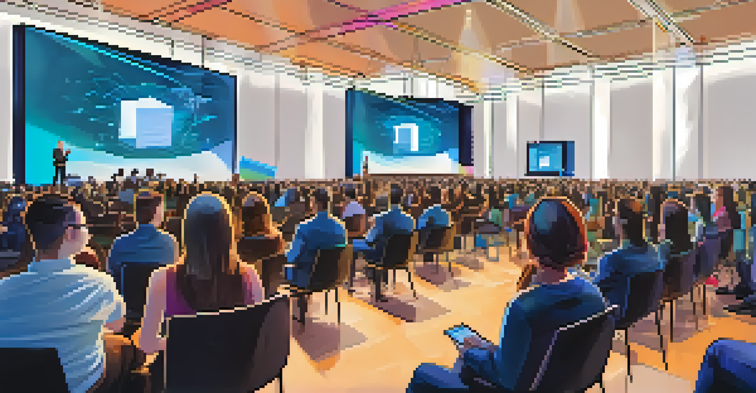 A woman on stage presenting at a blockchain conference, with an engaged audience and vibrant graphics in the background.