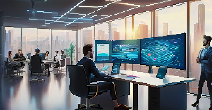 A modern office with professionals discussing smart contracts, surrounded by digital screens and blockchain visuals.