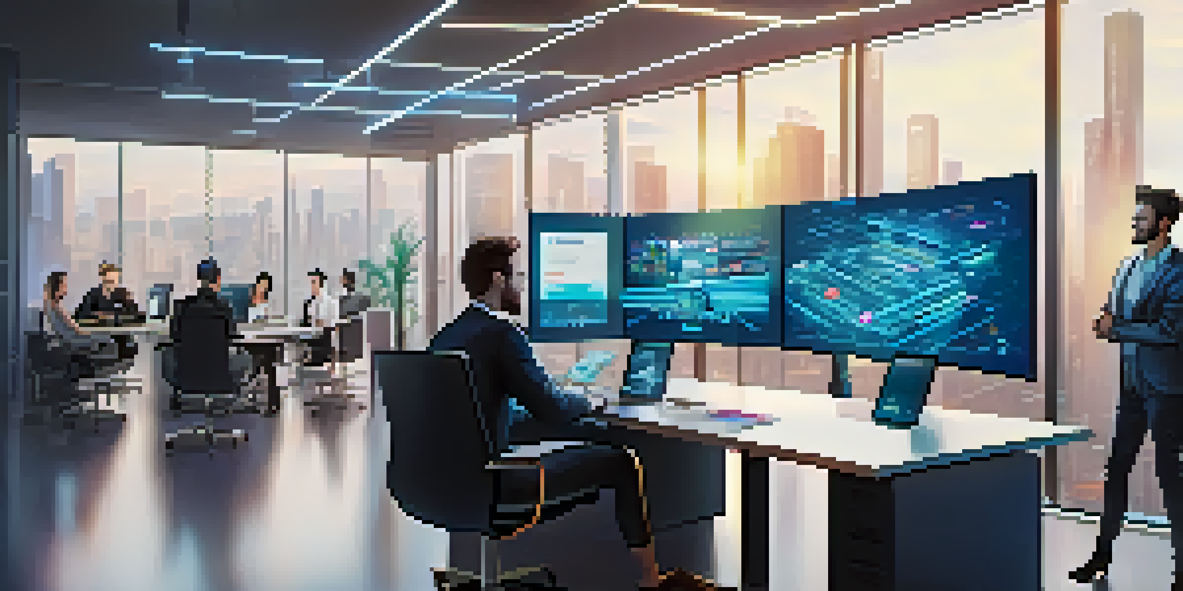 A modern office with professionals discussing smart contracts, surrounded by digital screens and blockchain visuals.