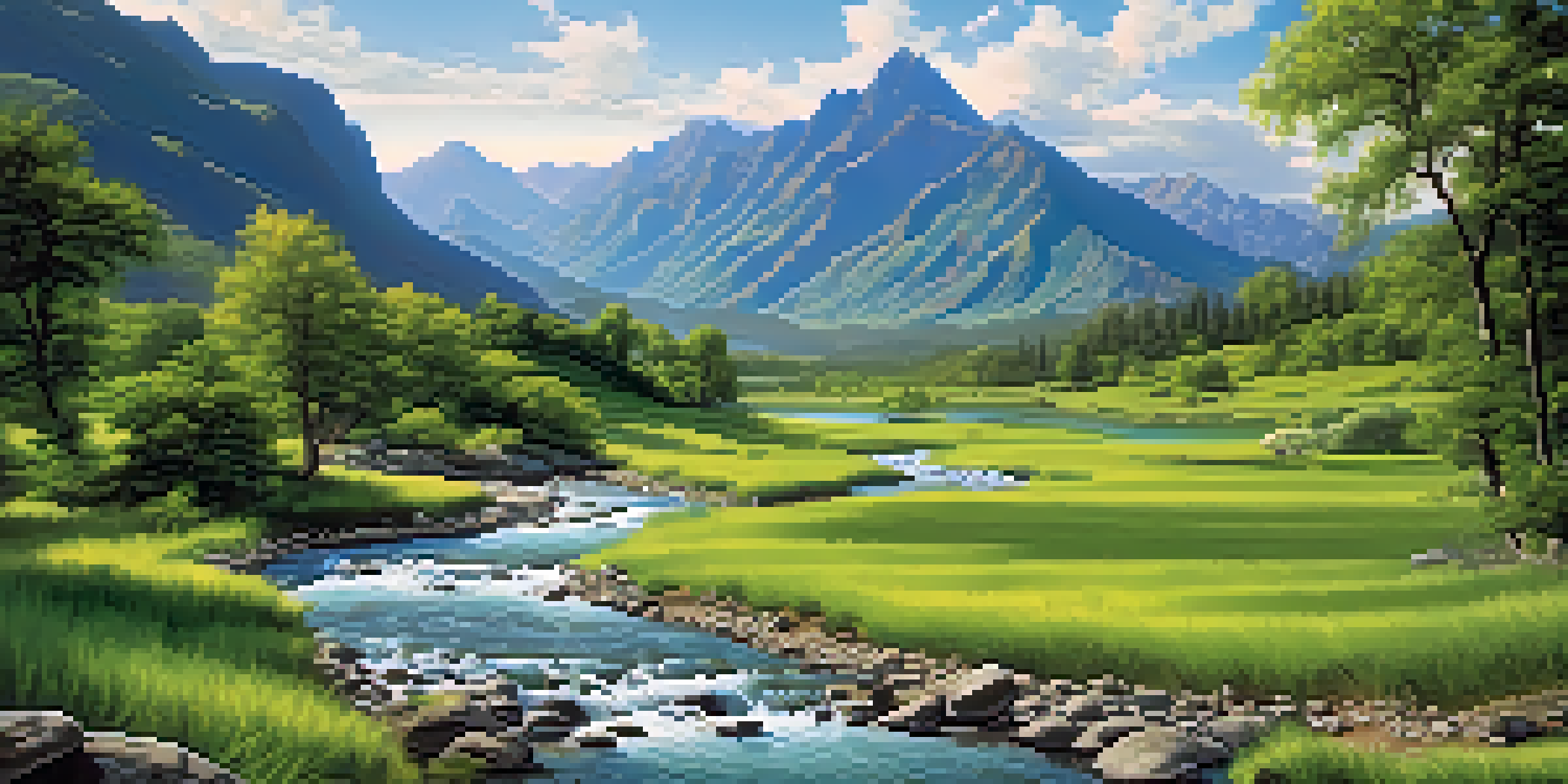 A beautiful green valley with a river and mountains in the background under a clear blue sky.