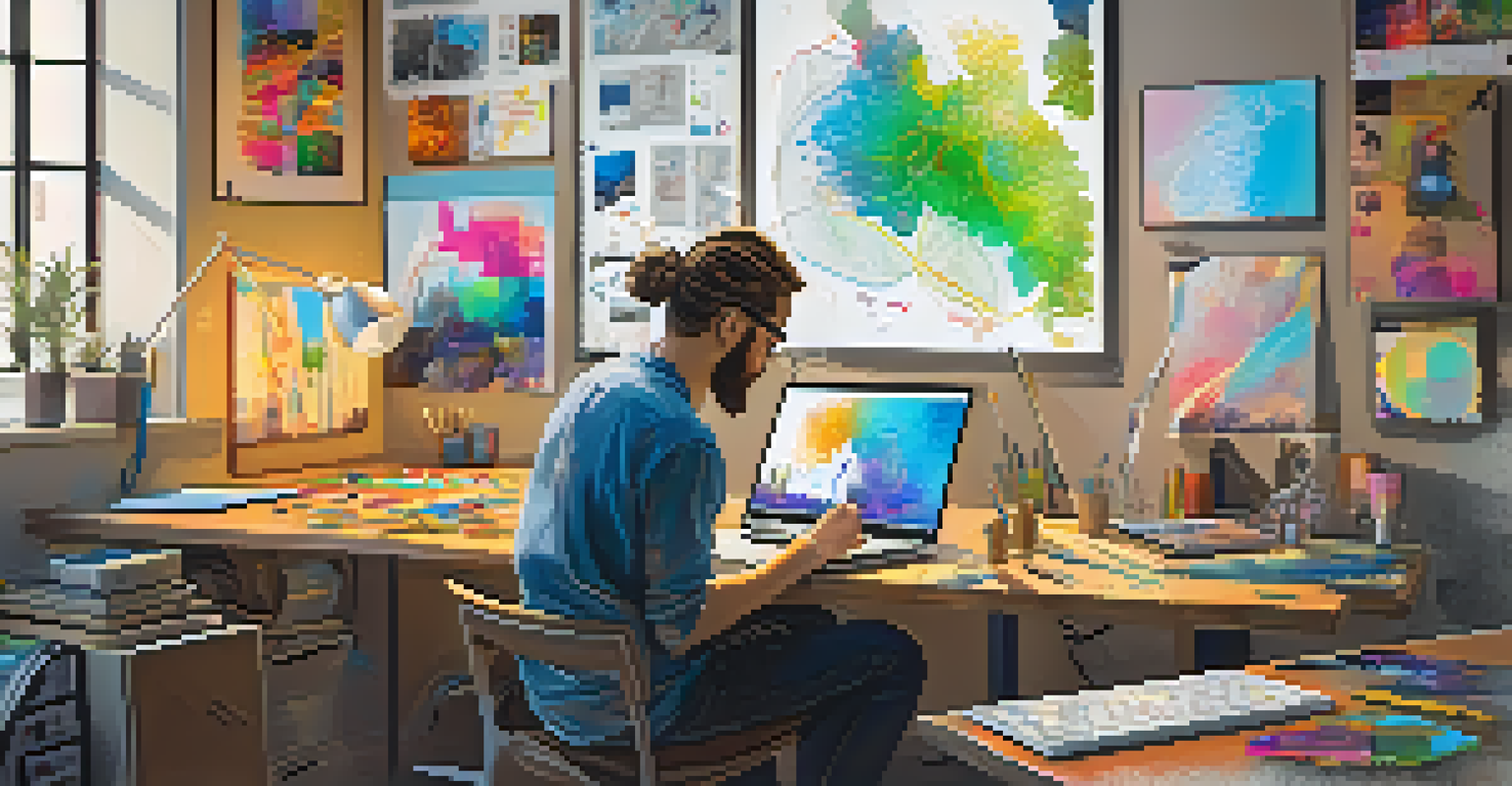 An artist at a modern workspace creating a social token with digital devices and sketches around.