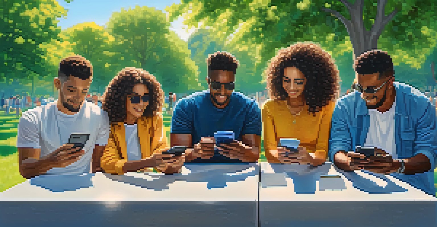 A diverse group of people trading cryptocurrencies on smartphones in a vibrant park setting.