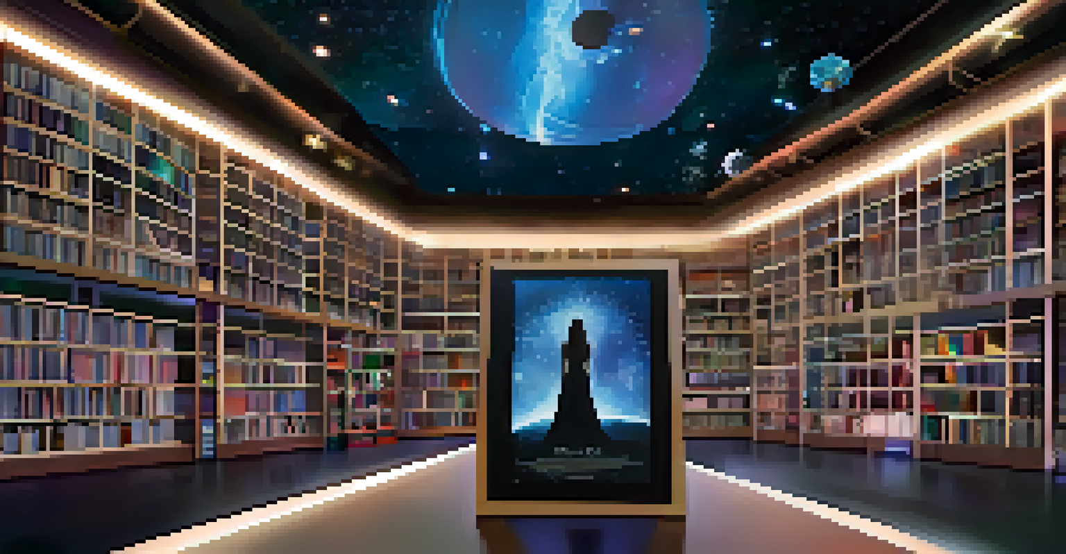 A virtual book launch event with an author presenting NFT books to an engaged online audience in a futuristic setting.