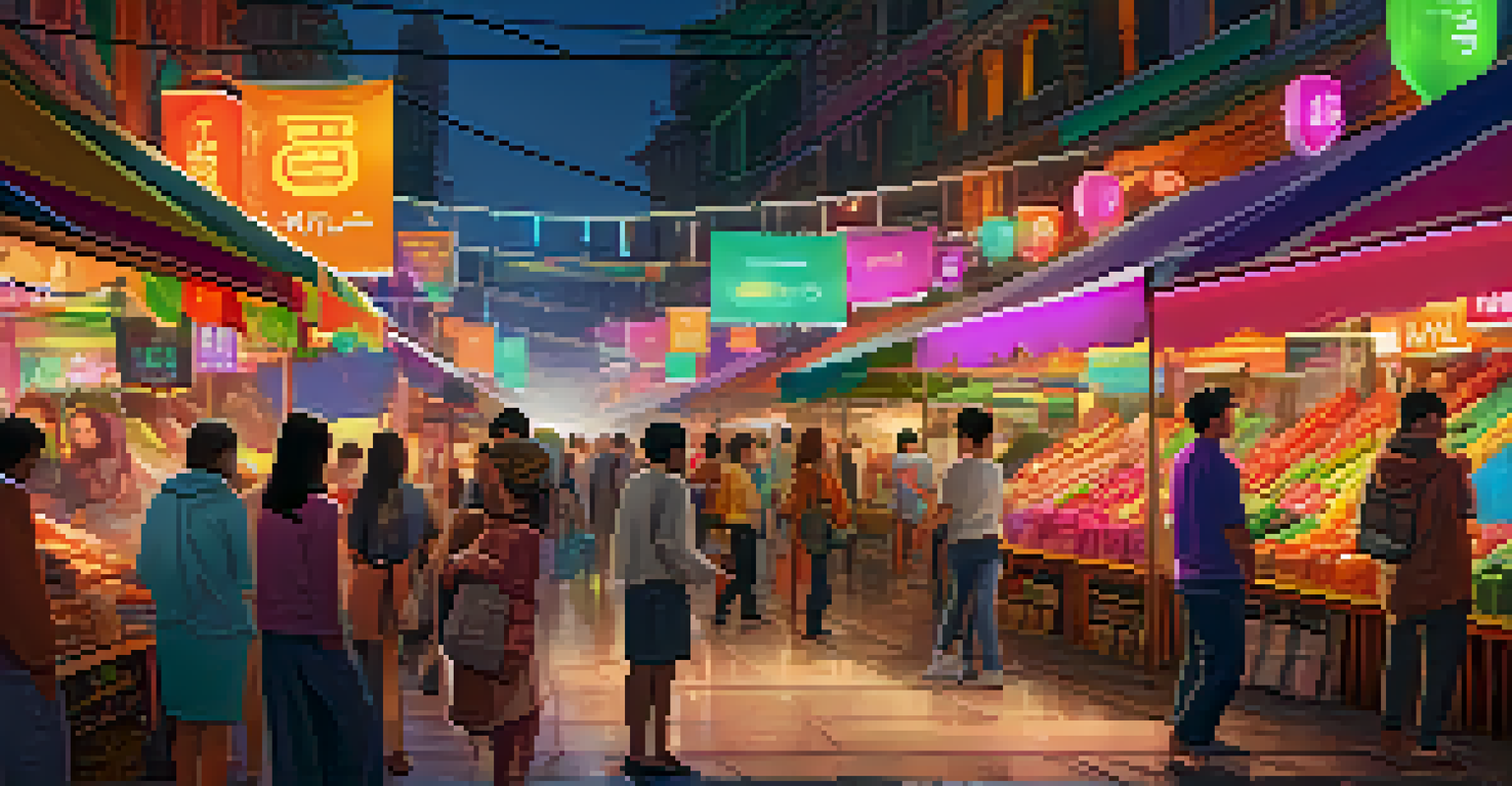 A vibrant virtual marketplace with diverse avatars and colorful stalls selling digital goods, illuminated by neon lights.