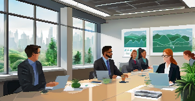 A diverse group of professionals in a bright office discussing budget transparency, with charts on display and indoor plants around.