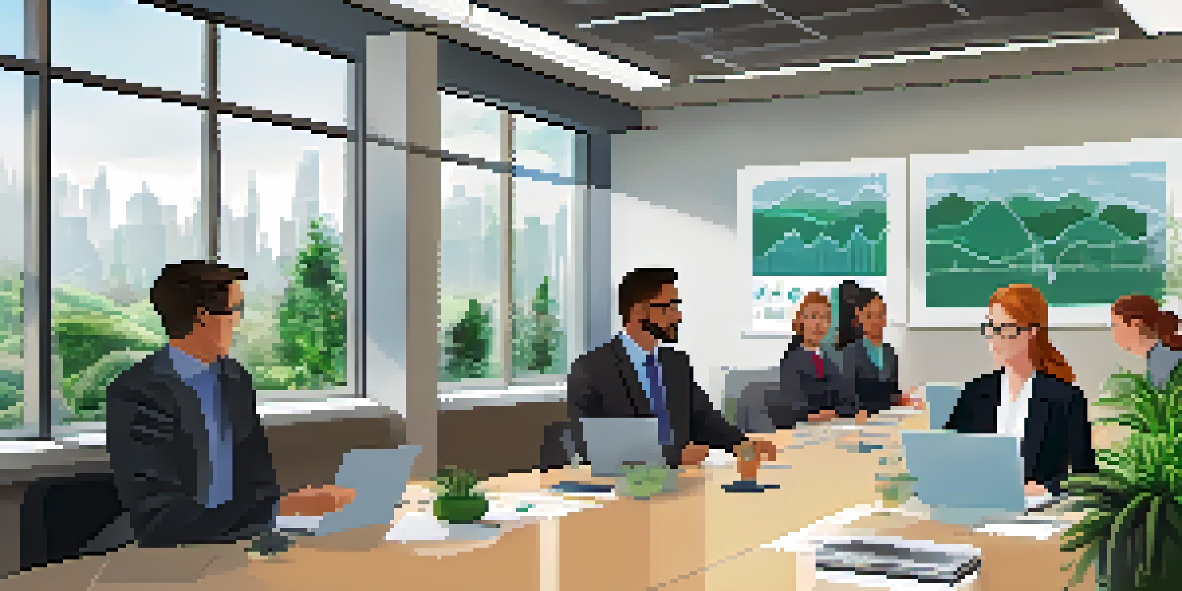 A diverse group of professionals in a bright office discussing budget transparency, with charts on display and indoor plants around.