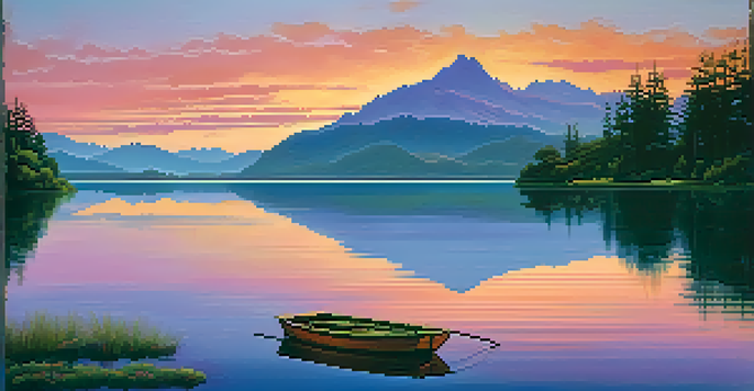A tranquil lake at sunset with mountains in the background and a wooden boat floating on the water.