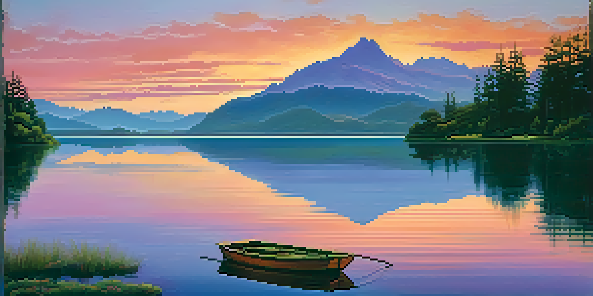 A tranquil lake at sunset with mountains in the background and a wooden boat floating on the water.