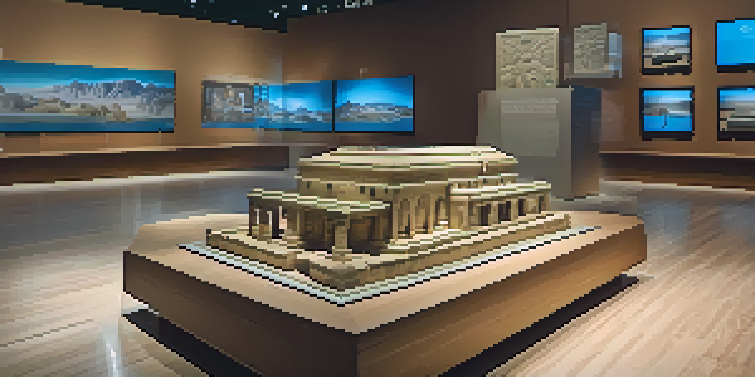 A lively museum scene with visitors using smartphones to view augmented reality displays of a 3D ancient artifact, illuminated by warm lights.