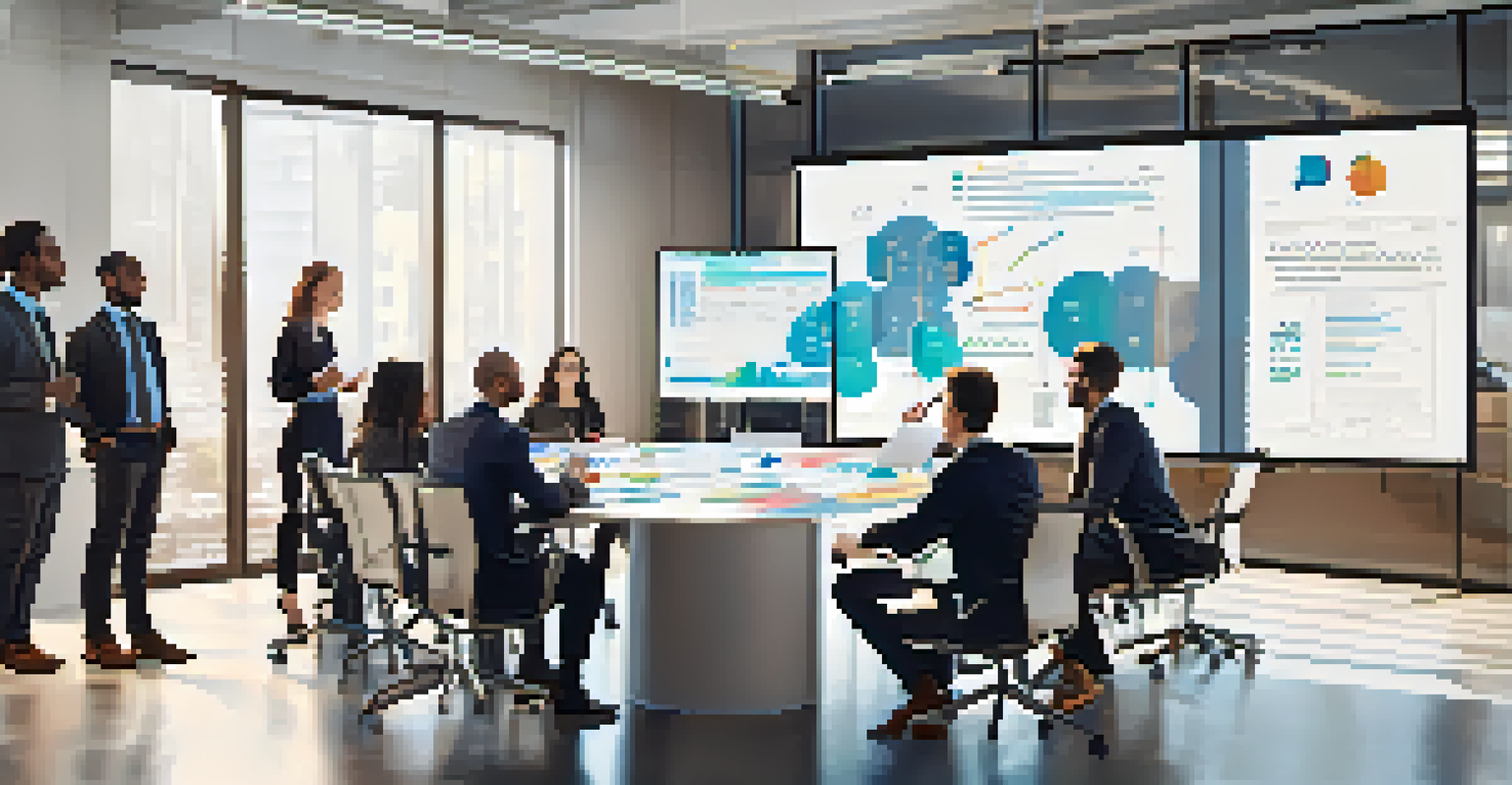 A diverse group of people in a modern office discussing governance models, with charts and graphs on screens, highlighting collaboration.