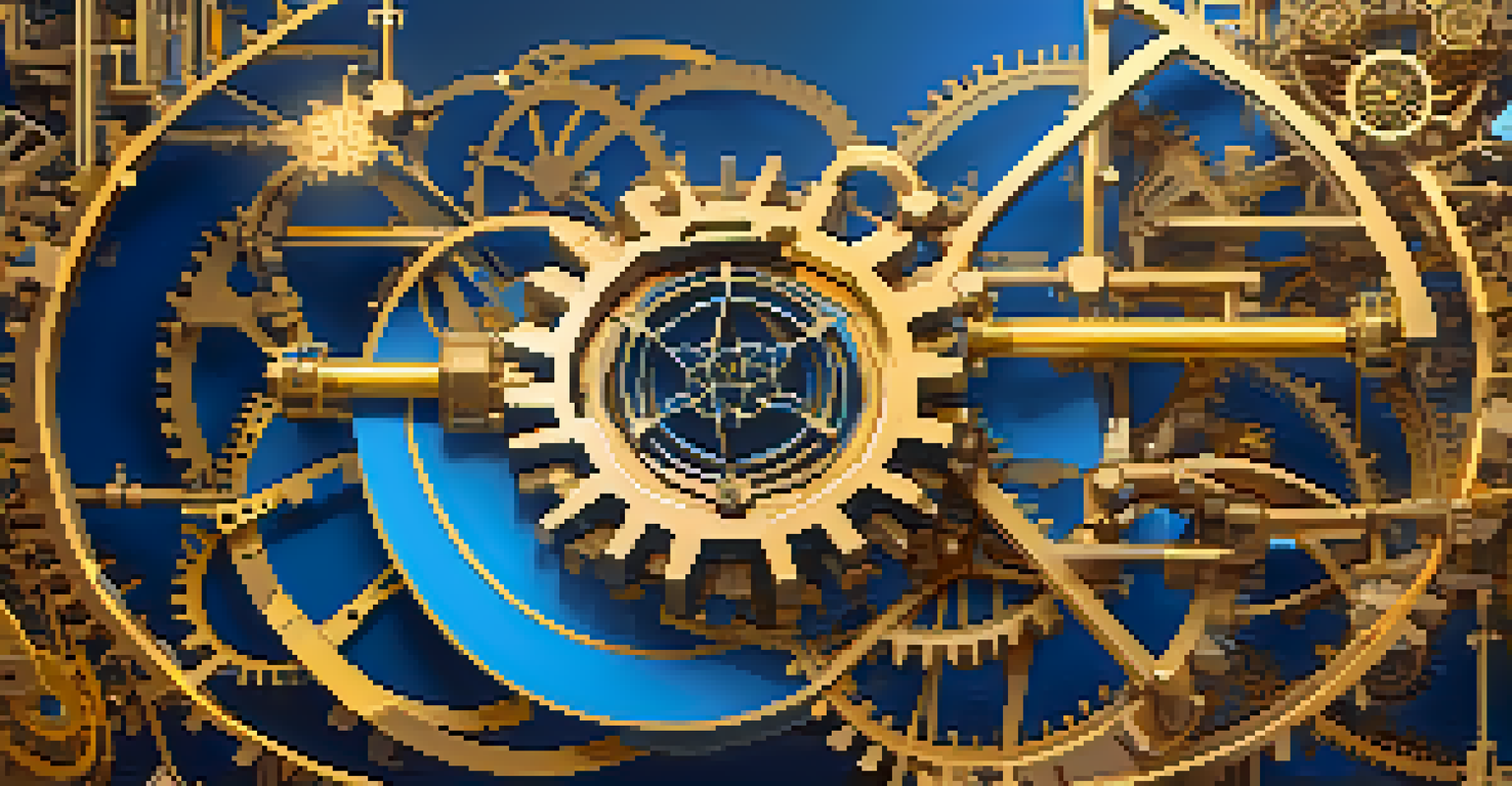 A split image illustrating centralization represented by a large gear and decentralization shown as a network of nodes, set against a gradient background.