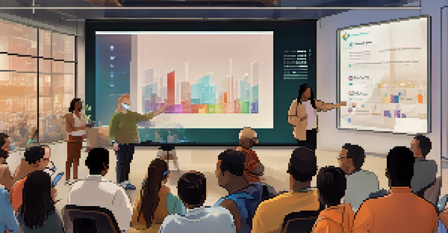 A diverse group of people in a community meeting discussing Ethereum governance, with a digital screen displaying proposals and participants engaging actively.