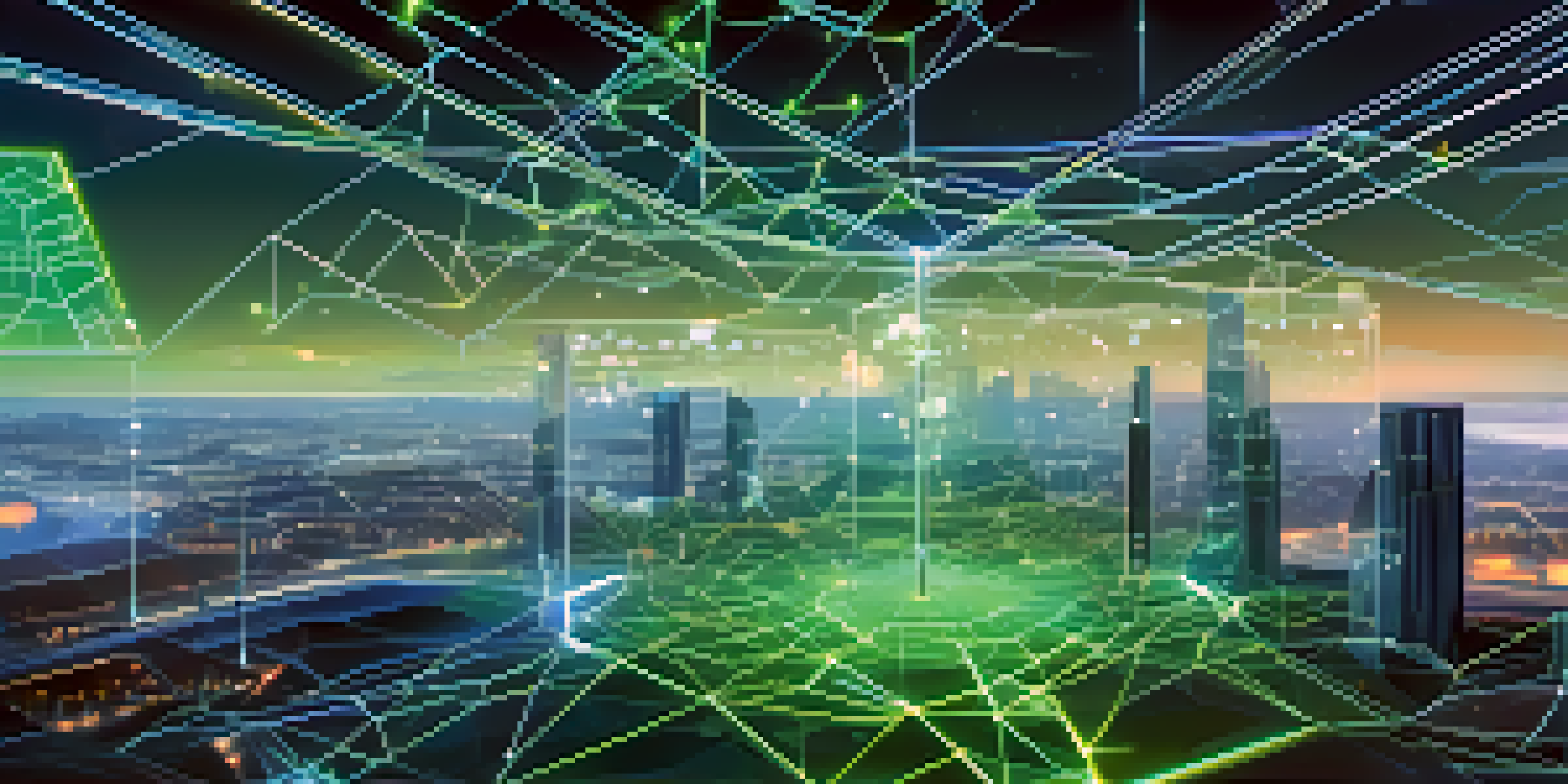 A digital landscape showcasing glowing blockchain nodes interconnected with code snippets, illuminated by soft blue and green lights.
