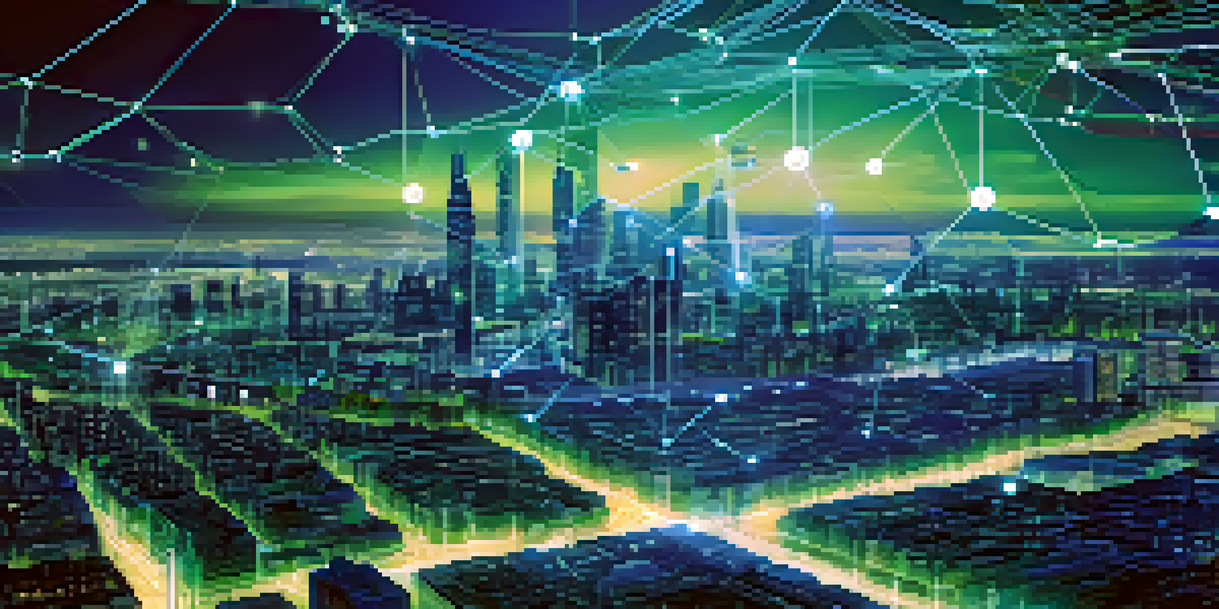 A digital visualization of smart contracts with a glowing blockchain network and lines of code, set against a futuristic city skyline.