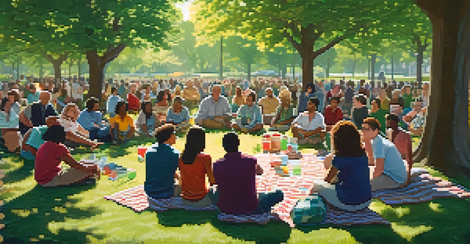 A diverse group of people sitting in a circle on picnic blankets in a sunny park, engaged in discussions with greenery and flowers around them.