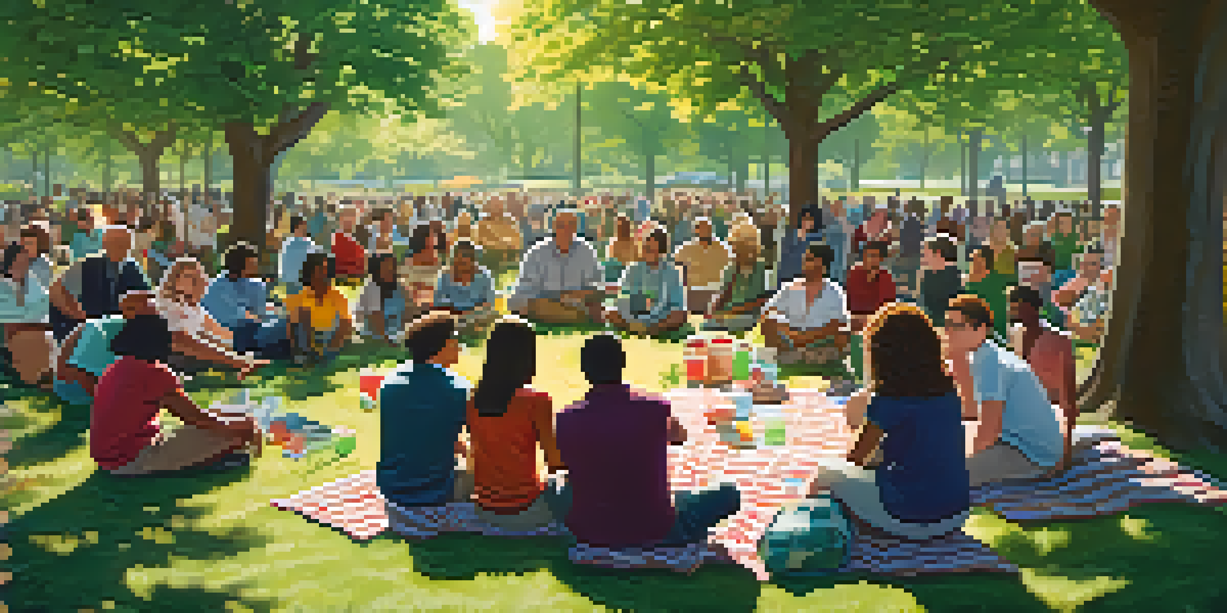 A diverse group of people sitting in a circle on picnic blankets in a sunny park, engaged in discussions with greenery and flowers around them.