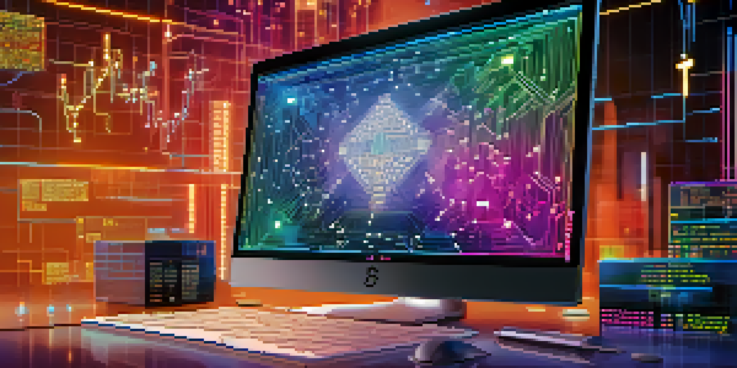 A computer screen showing a blockchain interface with colorful graphs and patterns representing hash functions, with a blurred background and warm lighting.