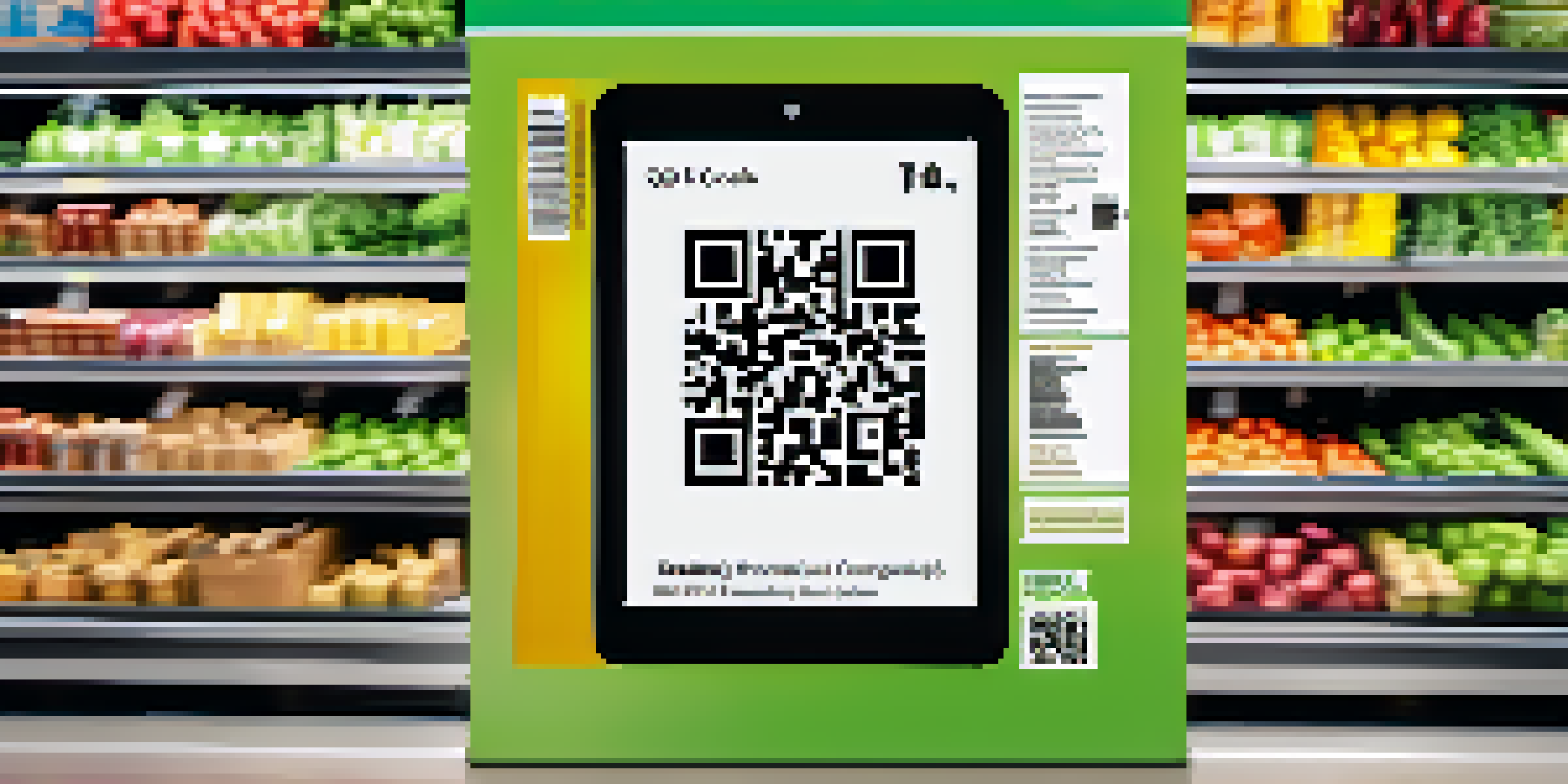 A QR code on food packaging with a digital screen displaying traceability history in a grocery store aisle.