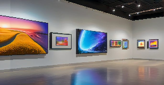 A modern digital art gallery filled with colorful NFT artworks displayed on screens, illuminated by soft lighting.