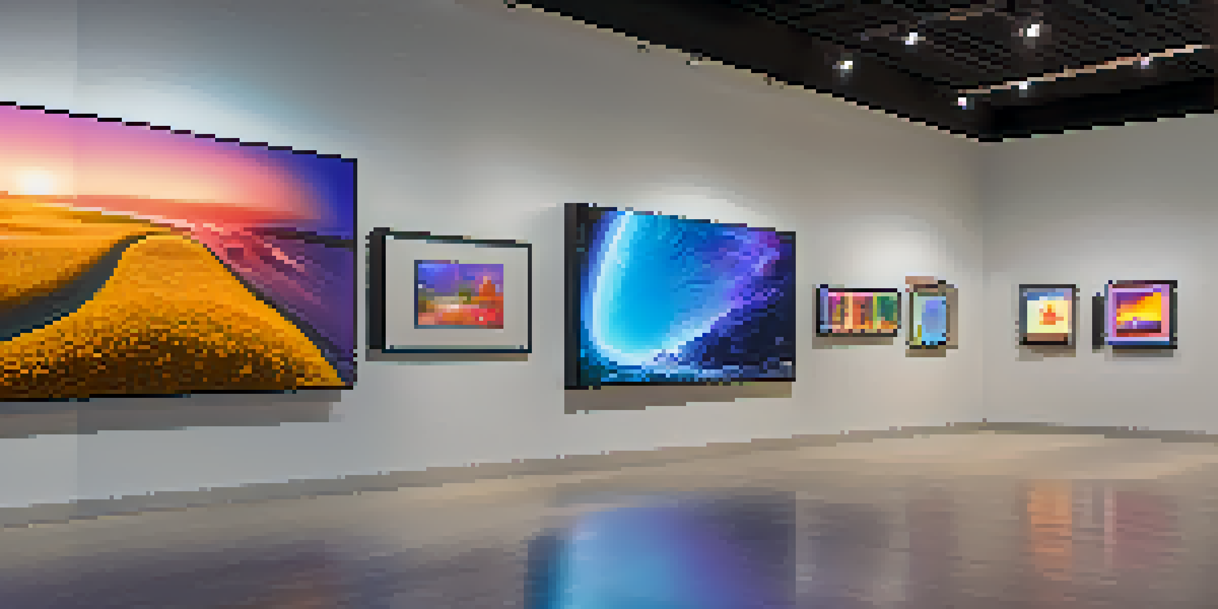 A modern digital art gallery filled with colorful NFT artworks displayed on screens, illuminated by soft lighting.