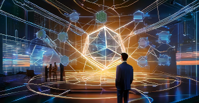 A visual representation of digital rights management with a glowing document and a network of interconnected nodes in a blue setting.