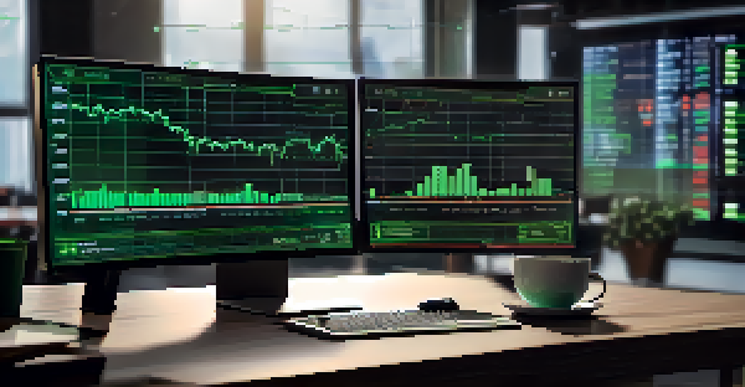 A close-up of a digital screen showing cryptocurrency market data with fluctuating charts, set in a modern workspace.
