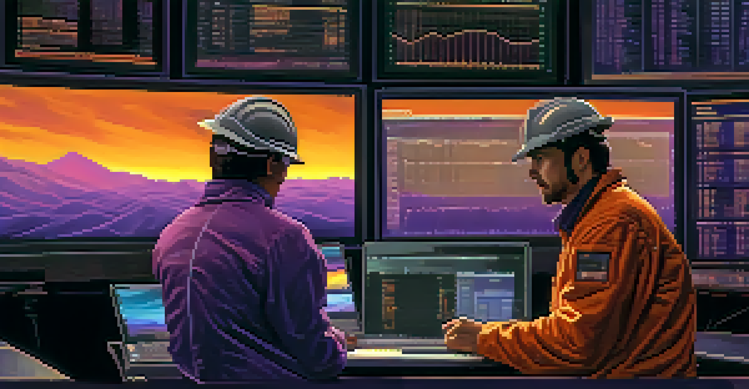 Miner at a high-tech workstation outdoors, checking mining statistics against a sunset backdrop.