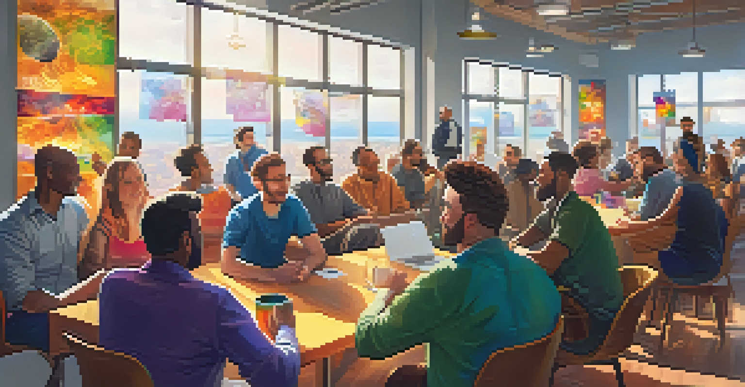 A lively community meeting with diverse people discussing Ethereum Improvement Proposals, illuminated by natural light.