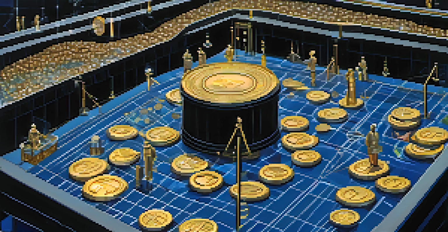 An artistic depiction of a liquidity pool with shimmering coins and mathematical formulas, illustrating the concept of automated market makers in DeFi.