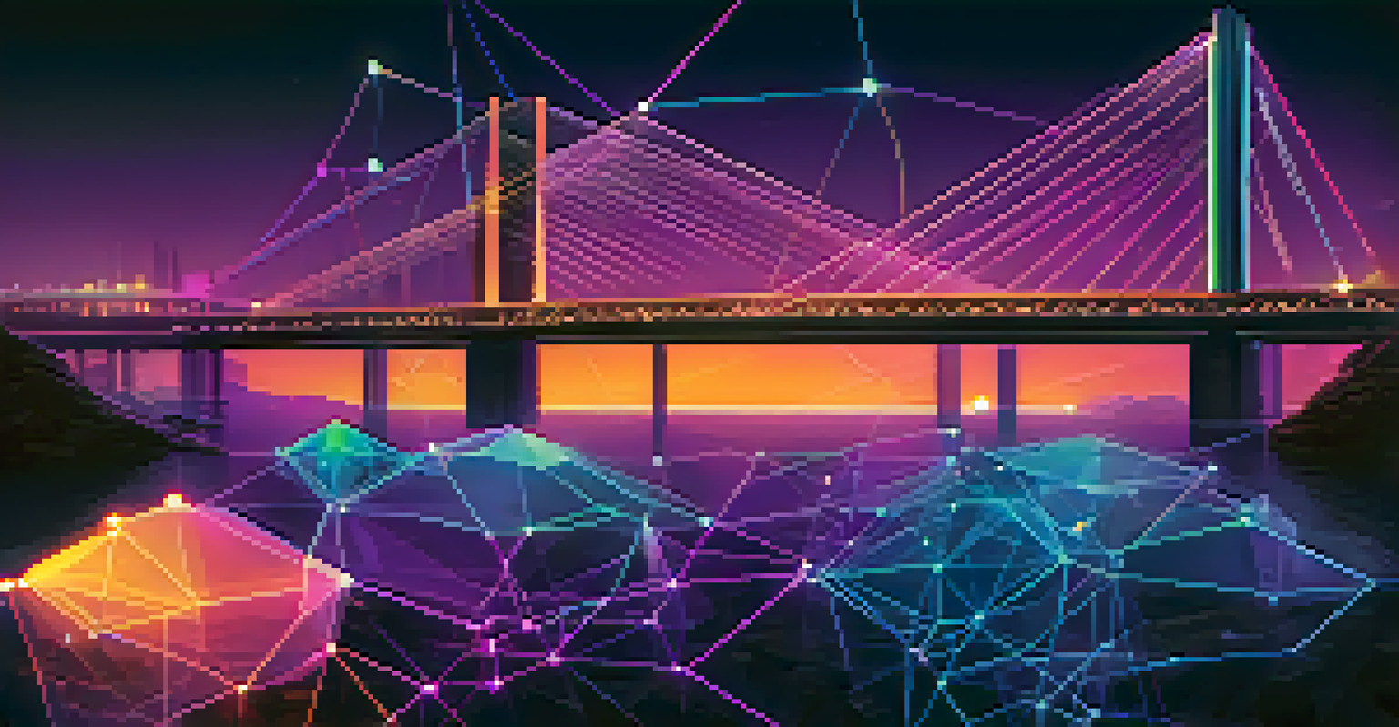 An abstract graphic showing colorful nodes representing different cryptocurrencies connected by glowing lines against a deep blue and purple background.