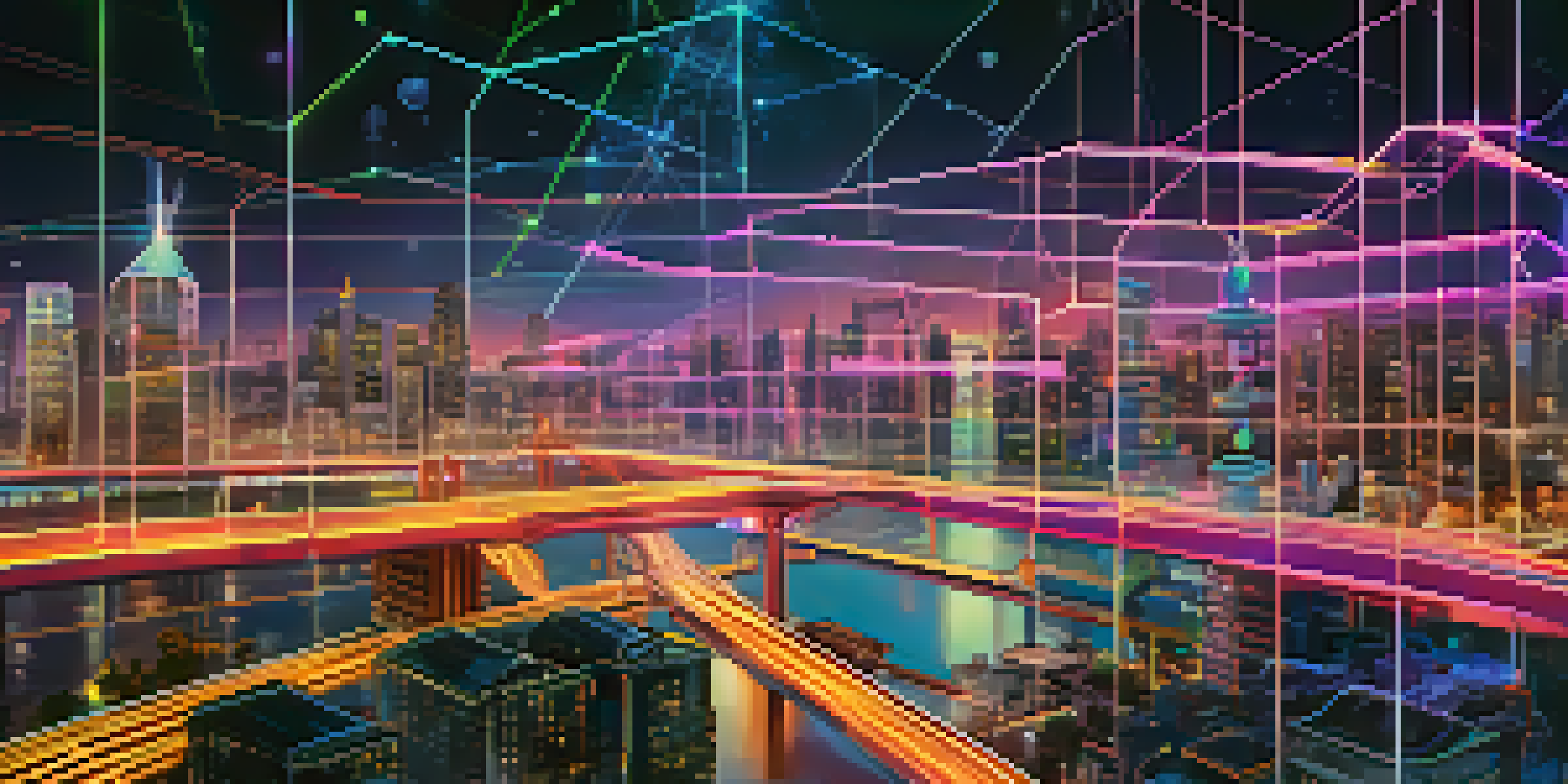 A vibrant futuristic city with interconnected buildings representing different blockchain networks, illuminated by neon colors at dusk.