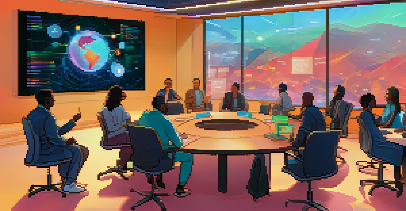 An illustration of a diverse group of members in a digital meeting discussing projects and making decisions in a collaborative environment.
