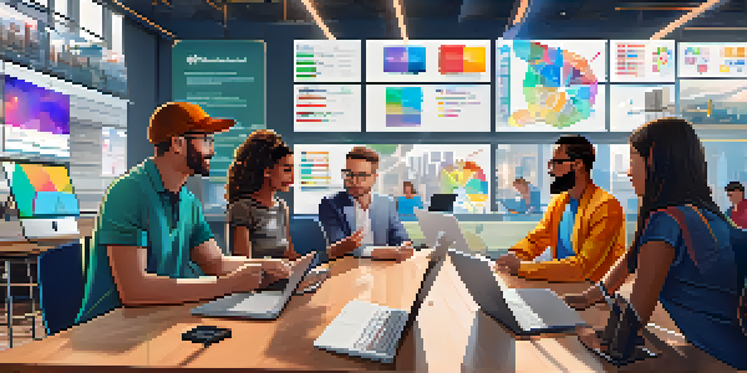 A diverse group of people in a modern workspace discussing Ethereum applications, with a digital screen showing blockchain concepts and colorful charts.