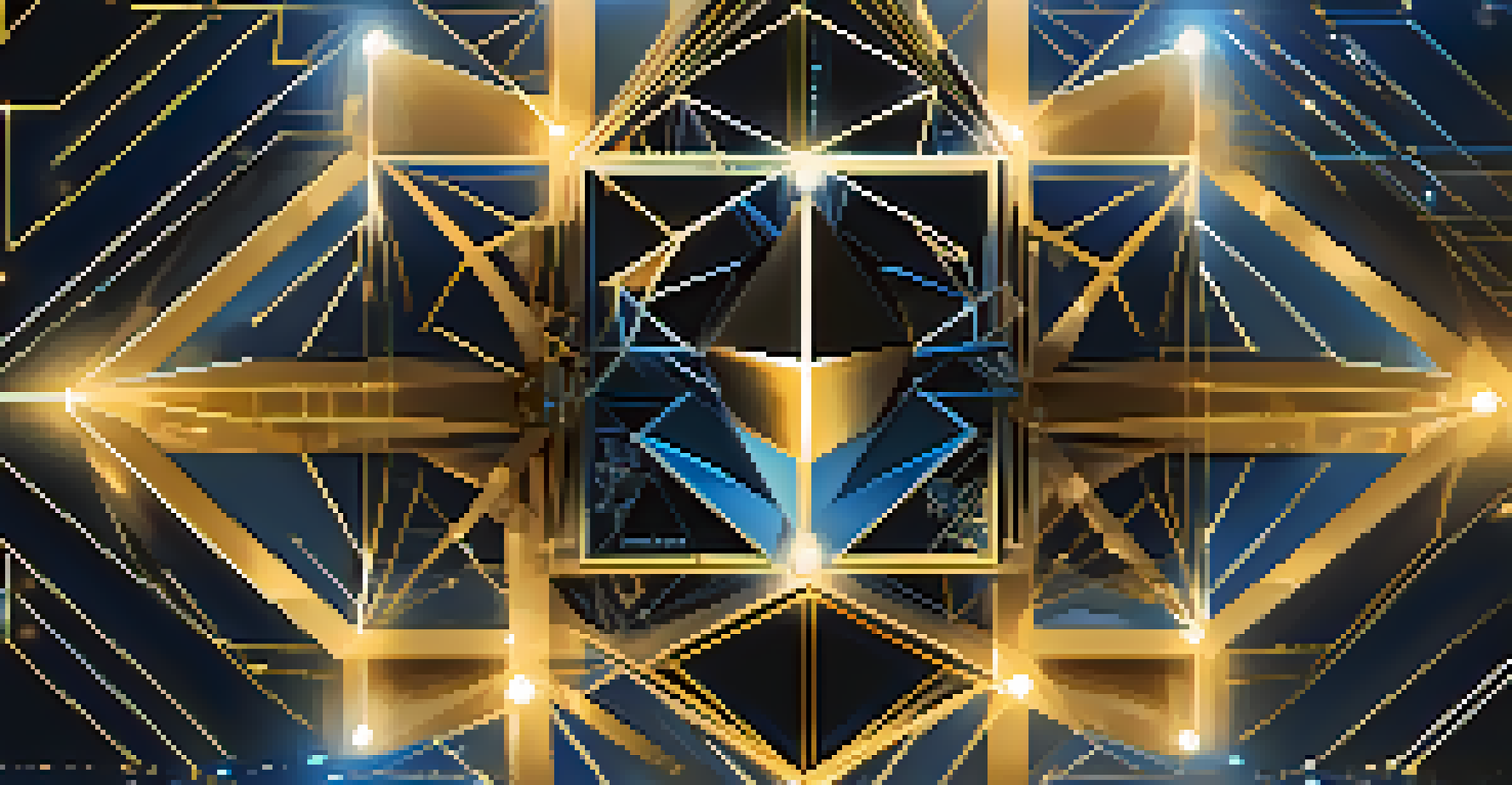 An abstract digital representation of Ethereum blockchain with glowing geometric shapes and lines.