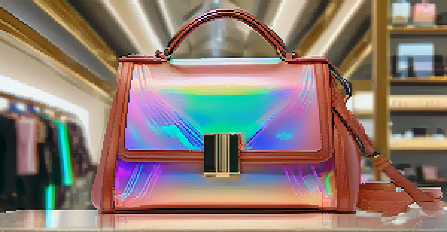 A close-up of a luxury handbag with a holographic tag showing its blockchain traceability, against a blurred boutique store background.