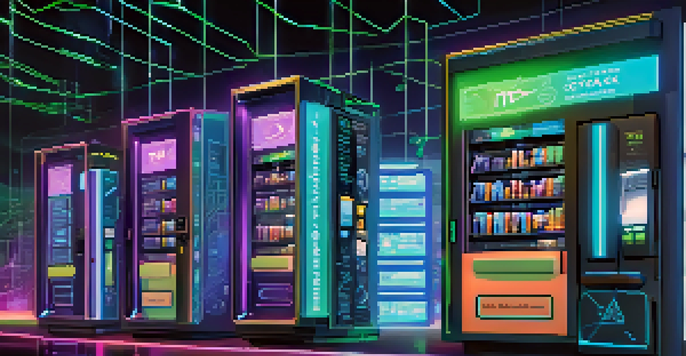 An illustration of a digital vending machine symbolizing a smart contract, set against a futuristic blockchain backdrop with glowing blue and green lights.