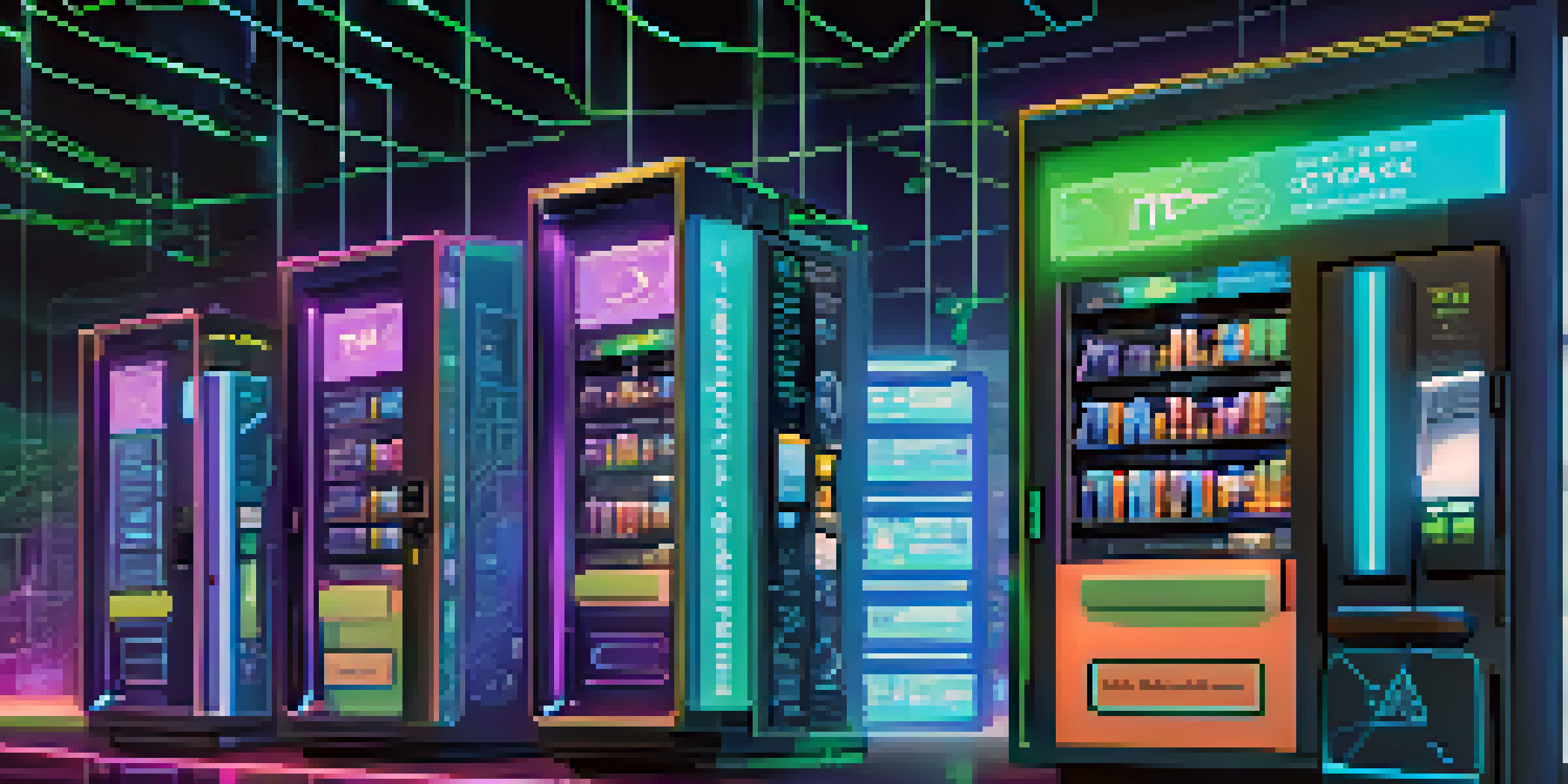 An illustration of a digital vending machine symbolizing a smart contract, set against a futuristic blockchain backdrop with glowing blue and green lights.