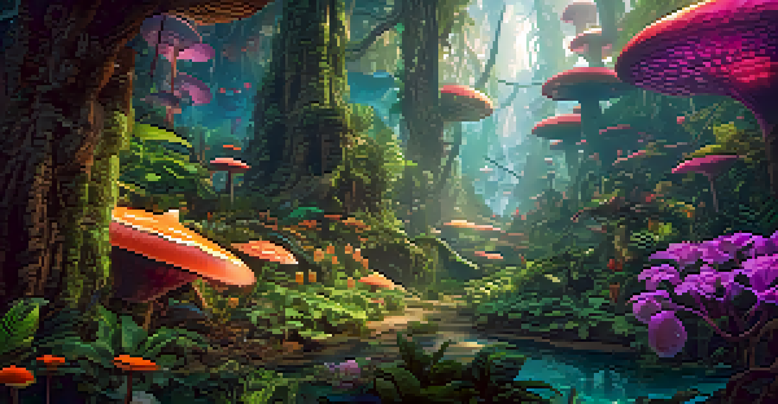 A vibrant digital forest in a virtual reality game with players exploring unique NFT creatures.