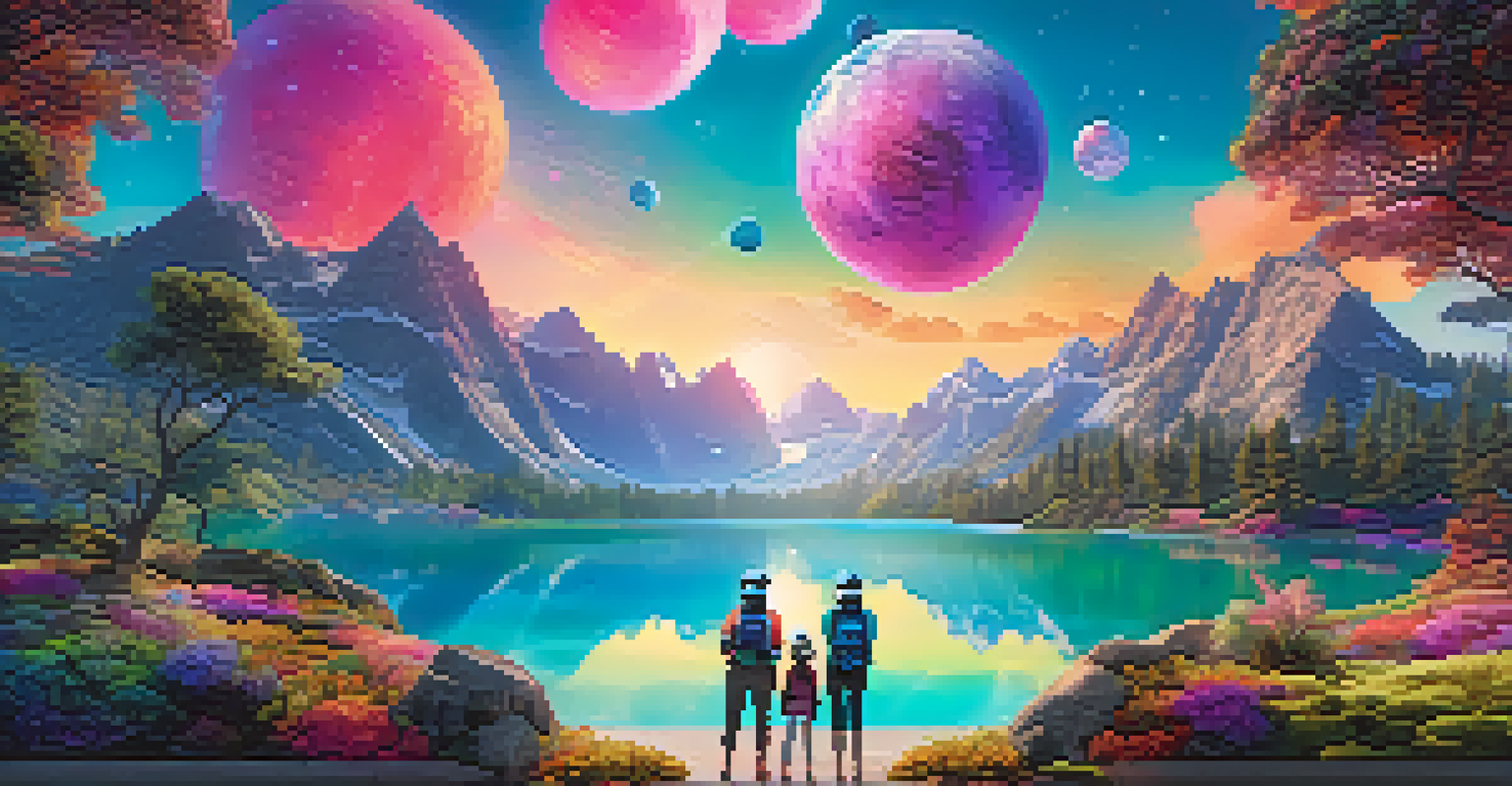 A 3D immersive environment of Somnium Space with mountains, a lake, and users wearing virtual reality headsets exploring the landscape.