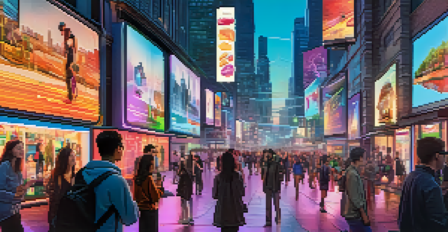 A modern city at dusk with pedestrians interacting with bright augmented reality advertisements in the air, surrounded by illuminated buildings.