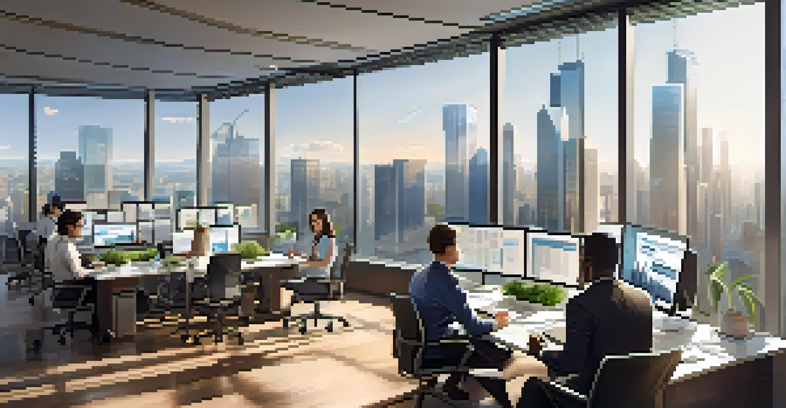 A diverse team of professionals collaborating in an office, reviewing smart contract codes on laptops with a city skyline view.