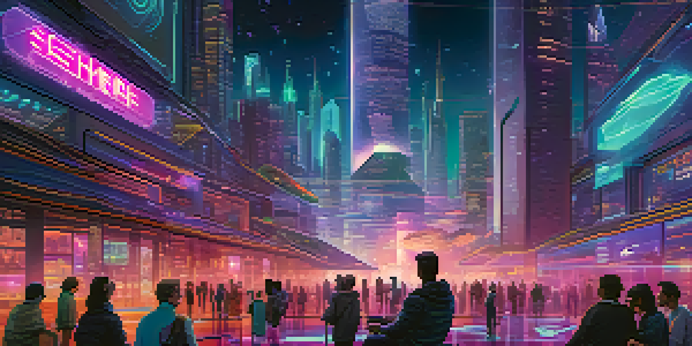 A vibrant digital city with holographic names representing Ethereum Name Service, featuring diverse people using technology.