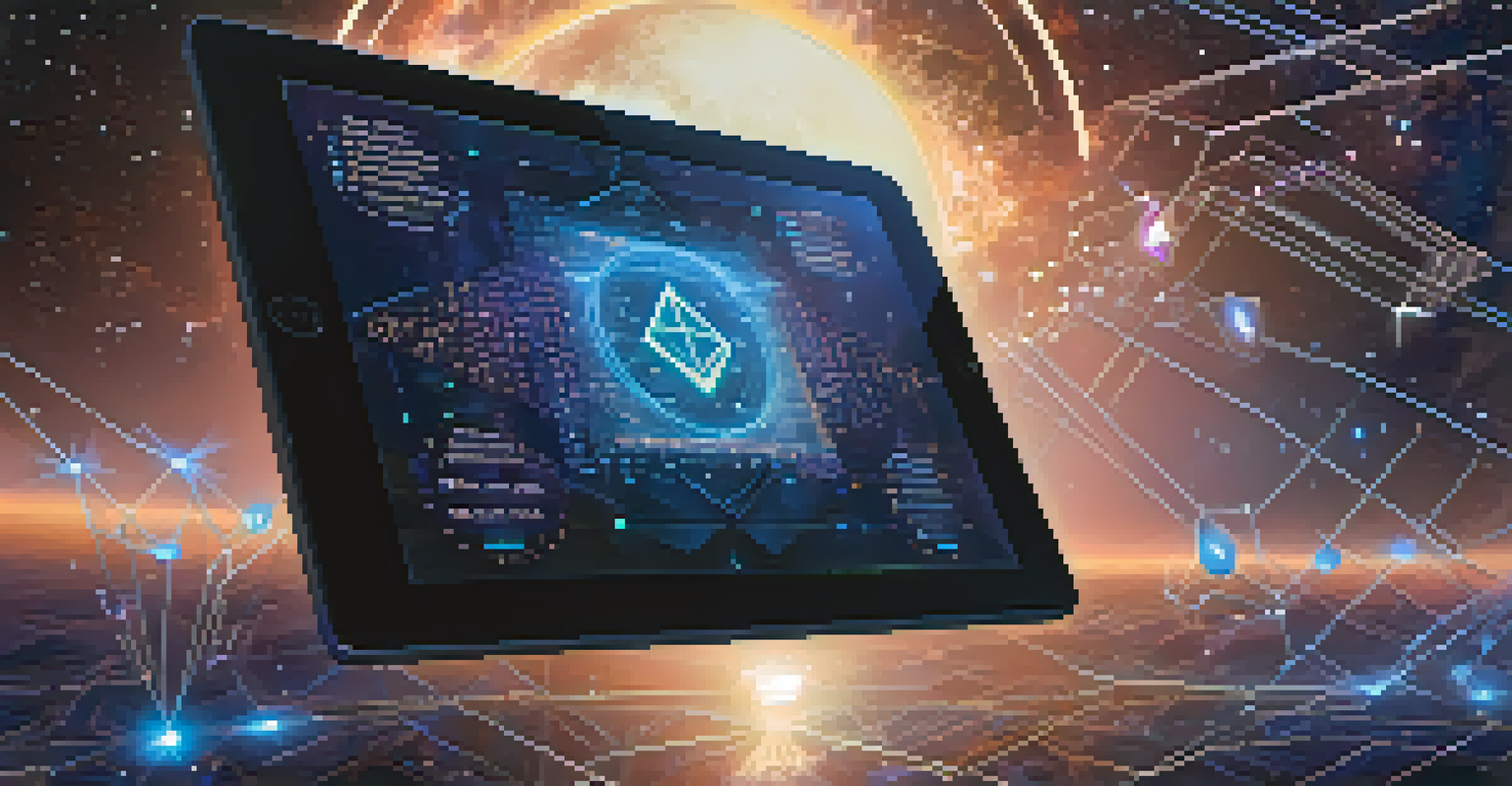 A transparent tablet displaying a smart contract surrounded by glowing Ethereum symbols in a deep space background.
