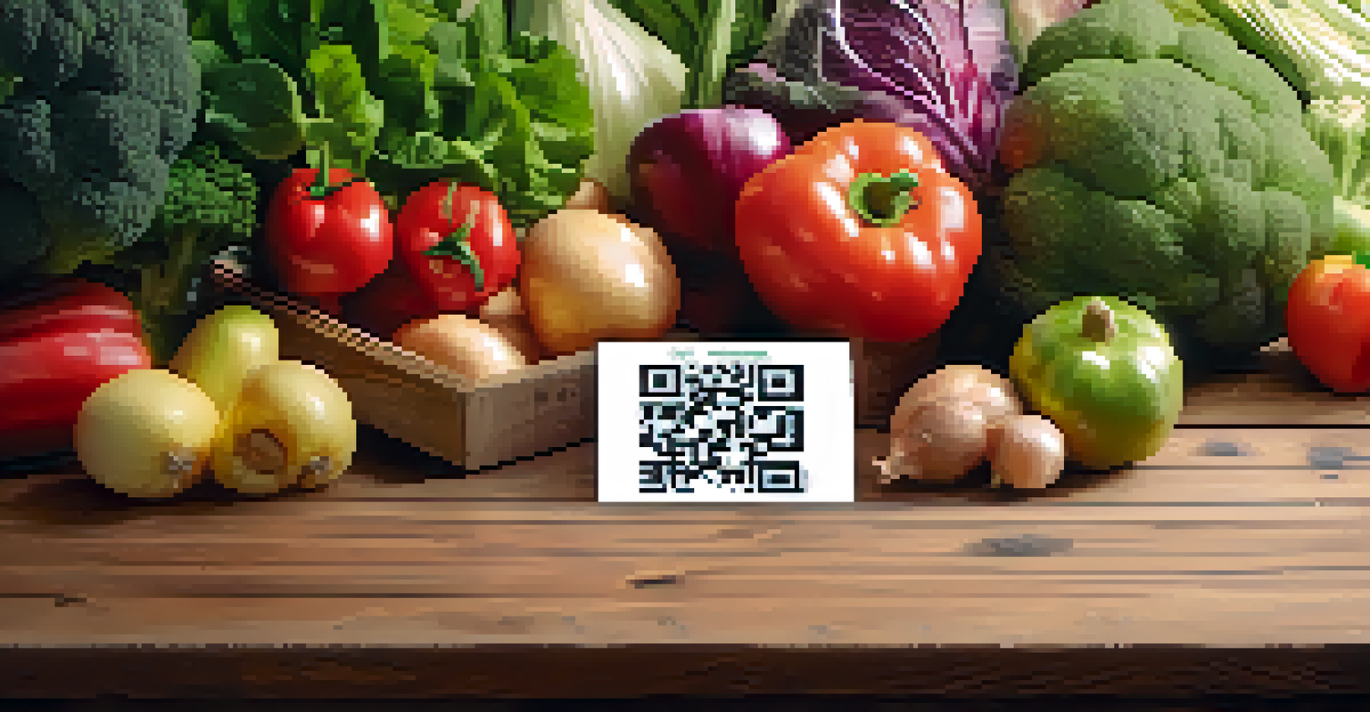 A QR code on a fresh vegetable surrounded by colorful produce on a wooden table, illustrating food traceability.