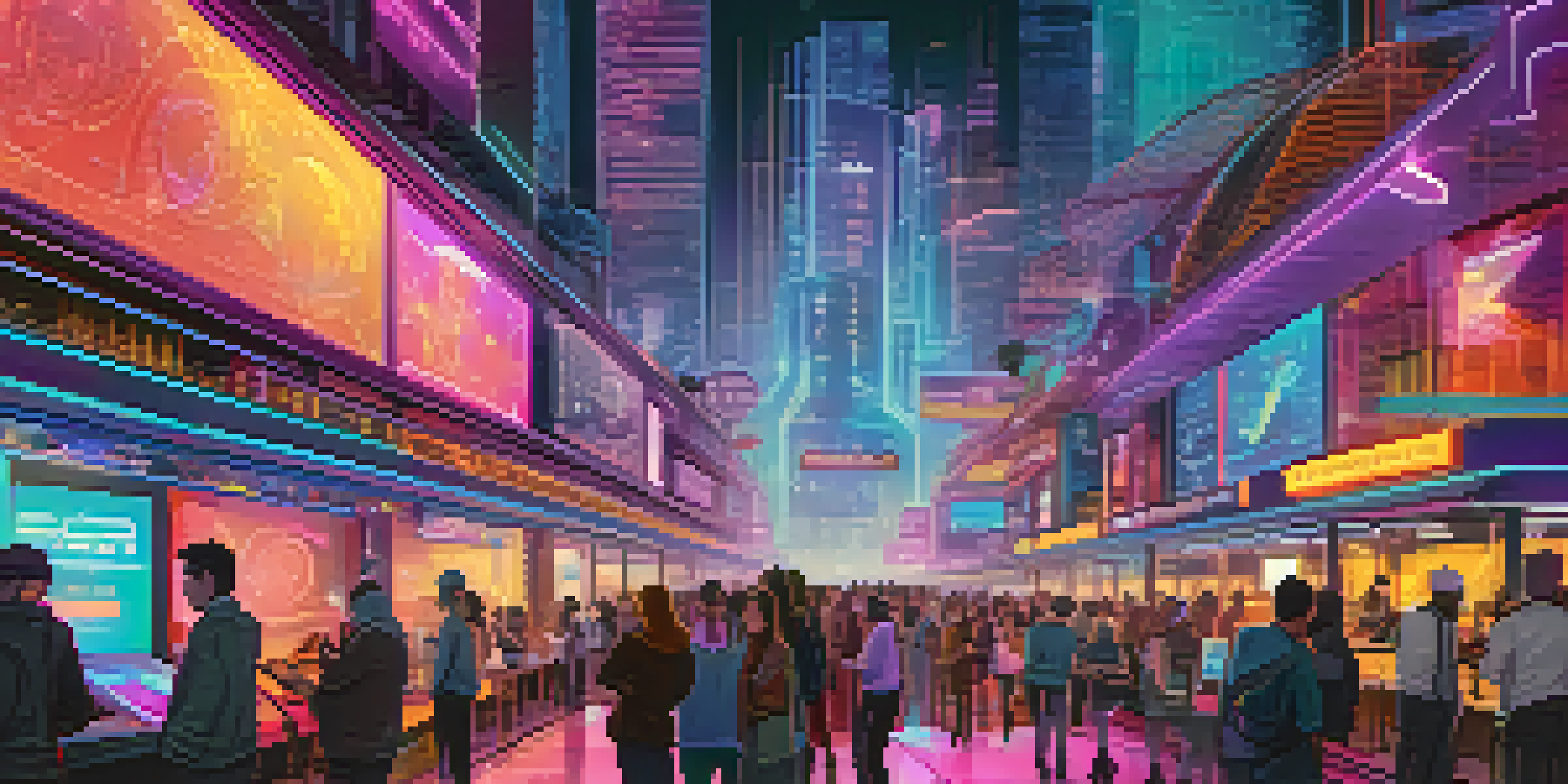 A futuristic marketplace with vendors exchanging digital assets, featuring holographic displays and neon lights.