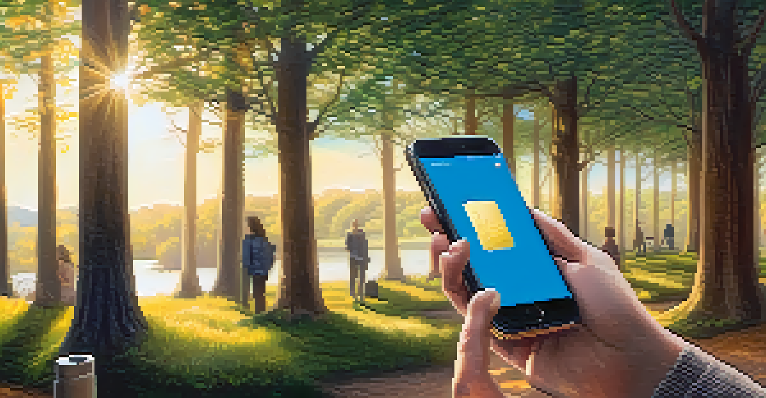 A person using a smartphone in nature with a digital wallet app open, illuminated by warm sunlight.