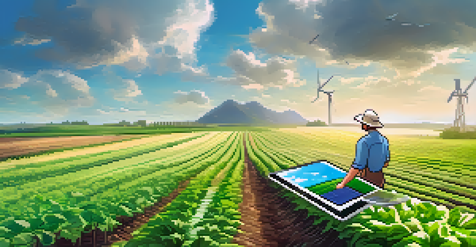 An agricultural landscape with smart sensors and a farmer using a tablet to monitor crops.