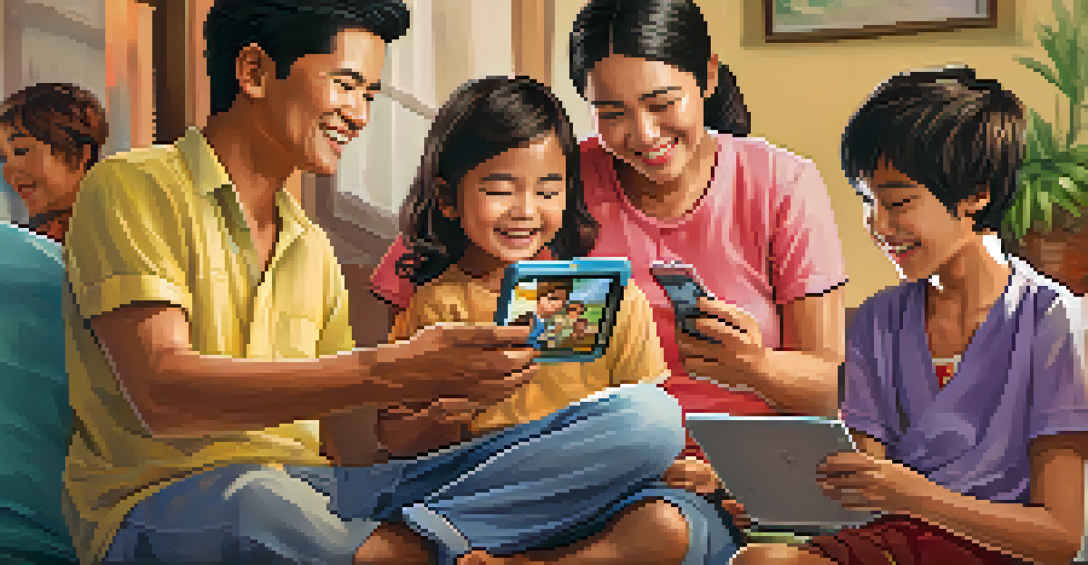A family in the Philippines joyfully receiving money through a digital device in their home.